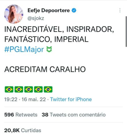 Já a apresentadora belga Eefje "sjokz" celebrou em português e com direito a palavrão:  "Inacreditável, inspirador, fantástico, Imperial. Acreditam, c...", postou no Twitter.