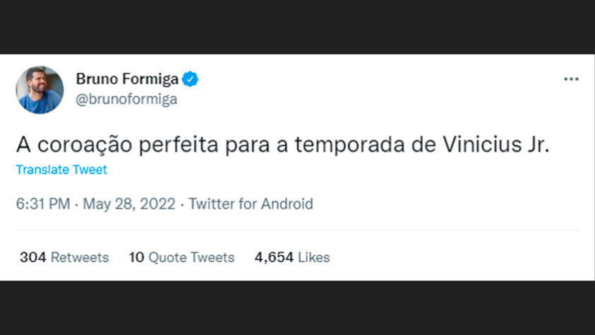 Após o gol, Bruno Formiga exaltou o feito do atacante do Real Madrid: "A coroação perfeita para a temporada de Vinícius Jr".