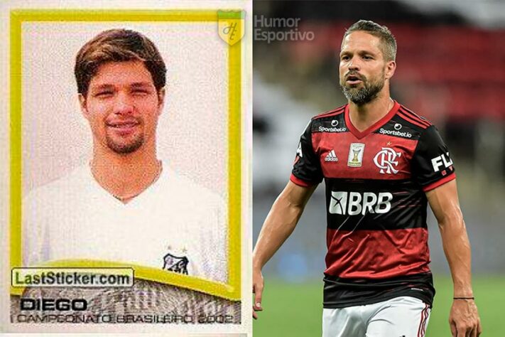 Diego Ribas no álbum do Campeonato Brasileiro de 2002 com a camisa do Santos. Com 37 anos, ele disputa a Série A do Brasileirão pelo Flamengo.