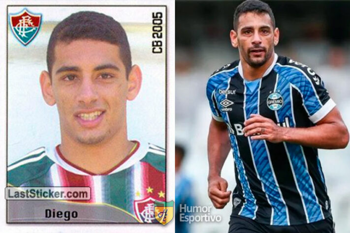 Diego Souza no álbum do Campeonato Brasileiro de 2005 com a camisa do Fluminense. Com 36 anos, ele disputa a Série B do Brasileirão pelo Grêmio.