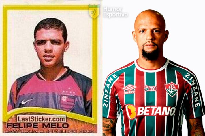 Felipe Melo no álbum do Campeonato Brasileiro de 2002 com a camisa do Flamengo. Com 38 anos, ele disputa a Série A do Brasileirão pelo Fluminense.