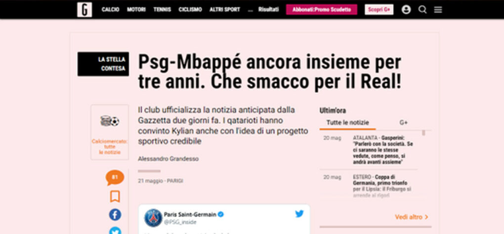 Para a Gazzetta dello Sport, a derrota que o Real Madrid sofreu para o PSG fora de campo foi sem tamanho.