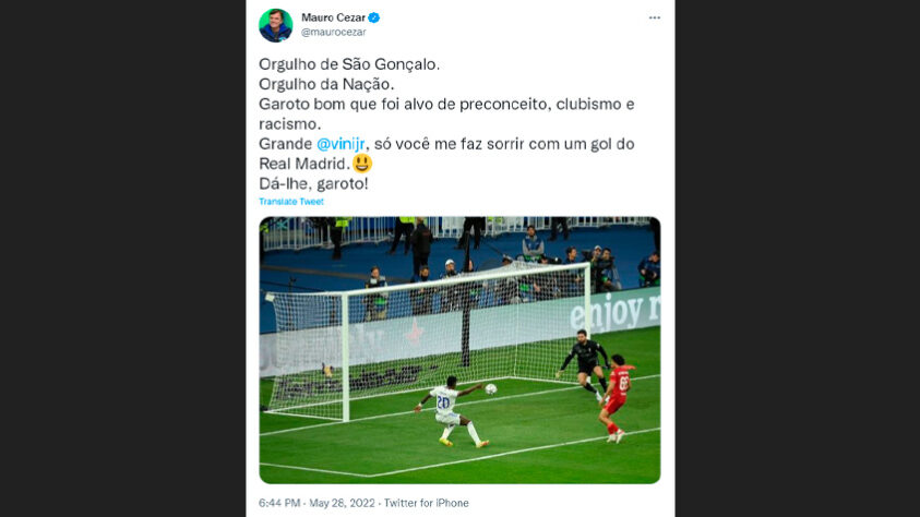 Em suas redes sociais, Mauro Cezar desabafou sobre o gol de Vinícius Júnior, disse que o jovem atleta sofreu com "preconceito, clubismo e racismo". O jornalista ainda fez questão de chamar Vini de "Orgulho da nação".