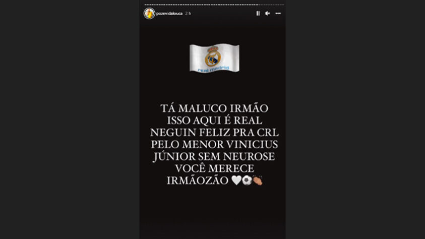 Mc Poze demonstrou por meio de uma série de storys sua euforia com a conquista do Real Madrid. Além disso, fez questão de parabenizar o Vini: "Você merece, irmãozão".