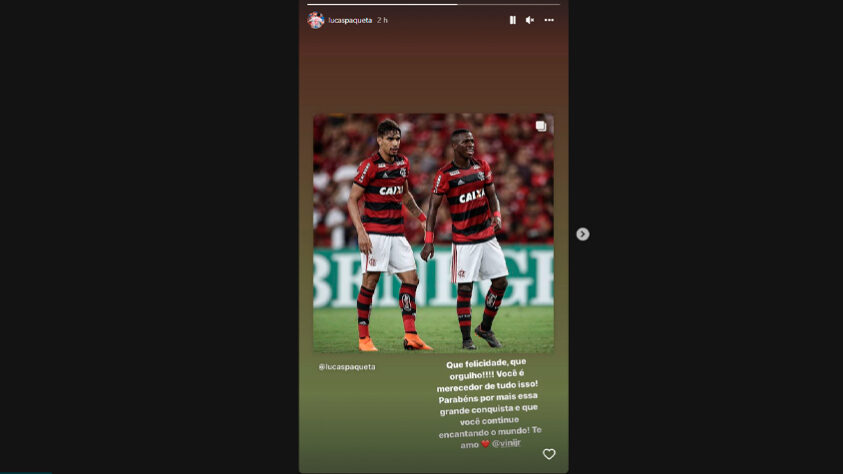 Lucas Paquetá, que também foi revelado no Flamengo, postou uma foto de quando os dois jogavam juntos. "Continue encantando o mundo", escreveu o jogador.