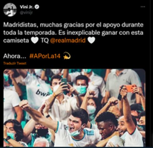 Vini Jr. também escreveu no Twitter e afirmou que é inexplicável vencer com a camisa do Real. Em seguida colocou que vão em busca do título da Champions, feito que o PSG de Mbappé fracassou após ser eliminado pelo próprio Real Madrid. 