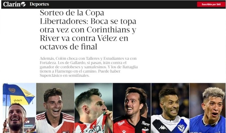 CLARÍN (Argentina) - 'Sorteio da Libertadores: Boca reencontra o Corinthians e River vai contra o Vélez nas oitavas de final'