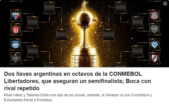 ESPN (Argentina) - 'Duas chaves argentinas nas oitavas de final da Conmebol Libertadores, que garantem um semifinalista; Boca com rival repetido'