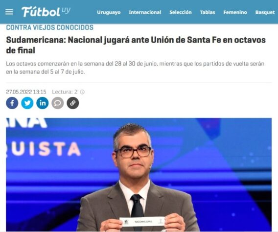 PORTAL MONTEVIDEO (Uruguai) - 'Sul-americano: Nacional joga com Union de Santa Fe nas oitavas de final'