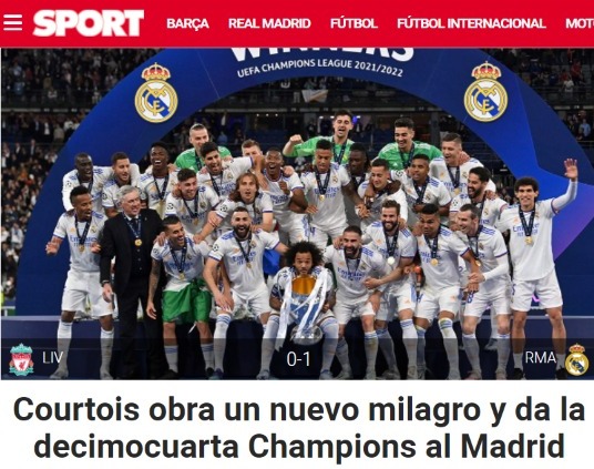 SPORT (Espanha): 'Courtois opera um novo milagre e garante a décima quarta Champions para o Madrid'