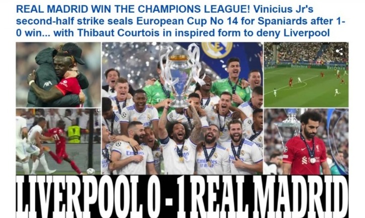 DAILY MAIL (Inglaterra): 'O gol de Vinícius Jr no segundo tempo sela a Copa da Europa nº 14 para os espanhóis após vitória por 1 a 0... com Thibaut Courtois em forma inspirada para negar o Liverpool