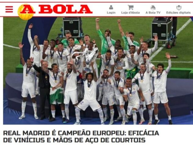 A BOLA (Portugal): 'Real Madrid é campeão europeu: eficácia de Vinícius e mãos de aço de Courtois'