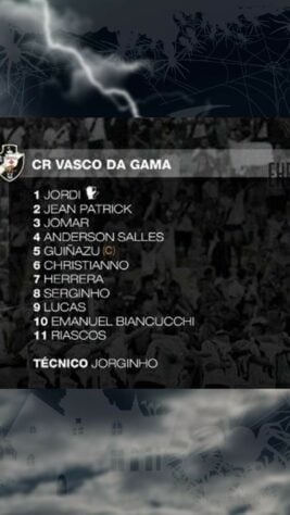 Vasco 2015 - Jordi; Jean Patrick, Jomar, Anderson Salles, Guiñazu, Christianno, Herrera, Serginho, Lucas, Emanuel Biancucchi e Riascos.