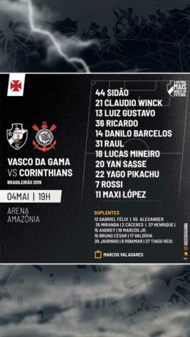 Vasco 2019 - Sidão; Claudio Winck, Luis Gustavo, Ricardo, Danilo Barcelos; Raul, Lucas Mineiro, Yan Sasse; Yago Pikachu, Rossi e Maxi López.