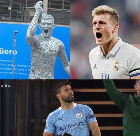 Escultura de Sergio Agüero inaugurada próximo ao estádio do Manchester City virou meme nas redes sociais.