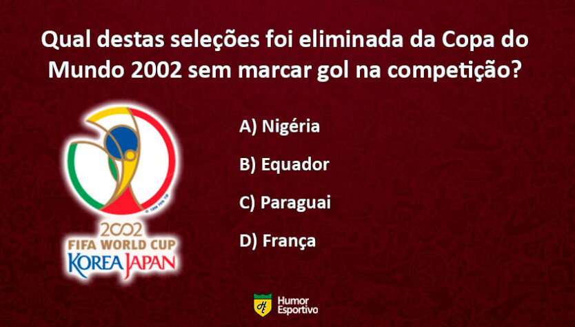 Teste seu conhecimento sobre a Copa do Mundo 2002, ano do penta do Brasil. Qual a resposta correta?