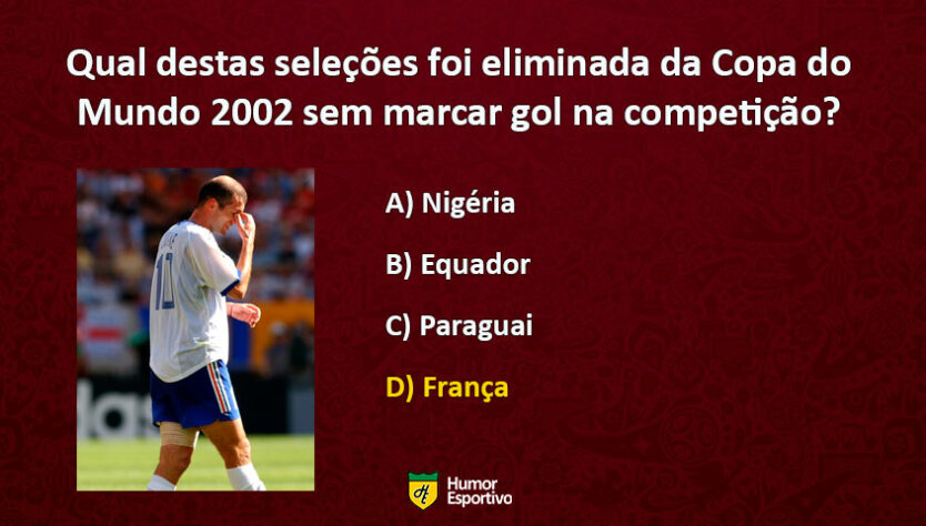 Então campeã mundial, a França decepcionou e não conseguiu balançar as redes na Copa do Mundo 2002, ficando na lanterna do Grupo A.