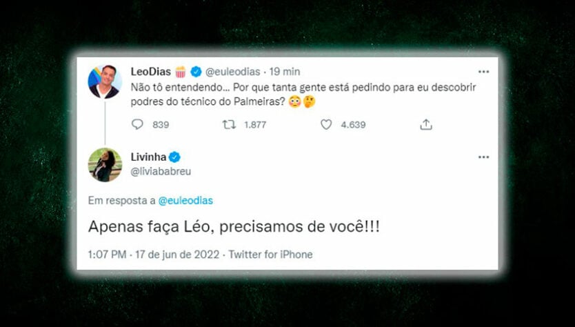A repercussão da brincadeira dos rivais foi tamanha, que o próprio Léo Dias recorreu às redes sociais para entender o motivo de estarem vinculando o nome dele ao treinador do Palmeiras.