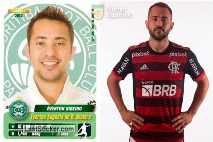 Éverton Ribeiro no álbum do Campeonato Brasileiro de 2012 com a camisa do Coritiba. Com 33 anos, ele disputa a Série A do Brasileirão pelo Flamengo.