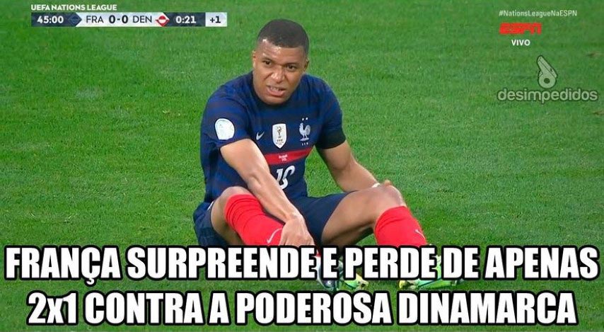 França e Mbappé sofrem com zoeiras após derrota por 2 a 1 para a Dinamarca.