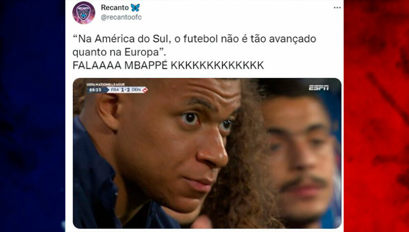 França e Mbappé sofrem com zoeiras após derrota por 2 a 1 para a Dinamarca.