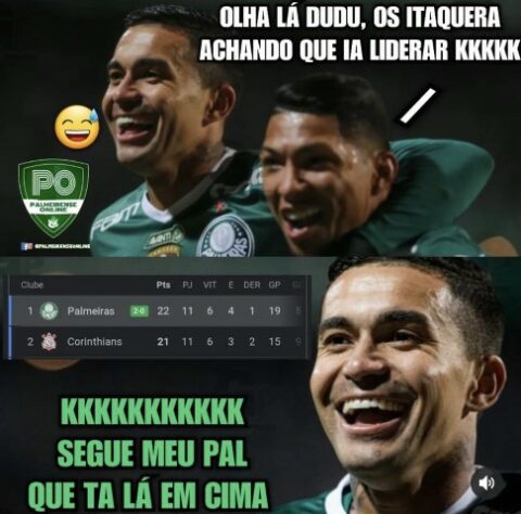 Disputa entre Palmeiras e Corinthians pela liderança do Brasileirão rende memes nas redes sociais.