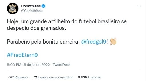 Em seu perfil oficial no Twitter, o Corinthians parabenizou Fred pela carreira e se despediu do jogador. O Timão foi o último clube a sofrer gol do centroavante.
