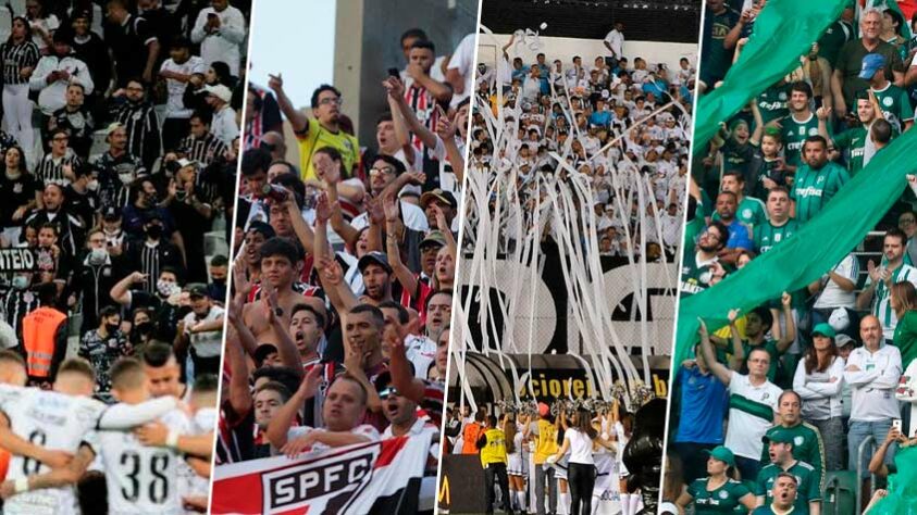 Panorama da pesquisa O Globo/Ipec sobre as torcidas atualmente (percentuais contabilizando toda a população do Brasil, não apenas São Paulo) - Corinthians: 15,5% / São Paulo: 8,2% / Palmeiras: 7,4% / Santos: 2,2% / Botafogo-SP: 0,3%