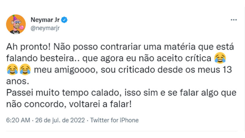 Recentemente, depois de uma vitória traquila, por 6 a 1, em um amistoso contra o Gamba Osaka, do Japão, o Globo Esporte decidiu destacar o lance da penalidade sofrida pelo brasileiro. A notícia dava ênfase para um "pênalti fantasma", tal recorte rendeu uma resposta debochada do craque do PSG dizendo "ge sendo ge". Tempos depois, o camisa 10 da Seleção voltou a comentar sobre o assunto e relatou uma mudança de postura ao dizer que passou "muito tempo calado" e que rebateria mais críticas.