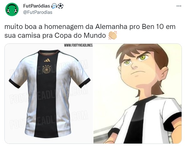 Predominantemente branca e com faixa vertical preta, camisa da Alemanha para Copa do Mundo do Qatar tem sido comparada ao uniforme do Ben 10, personagem de desenho infantil.