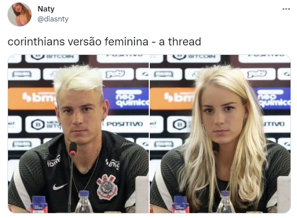 Na última segunda-feira (19), uma torcedora do Corinthians "bombou" no Twitter com montagens mostrando como seriam os jogadores do elenco do Timão caso eles fossem mulheres. A thread (sequência de tweets) fez tanto sucesso que já tem mais de 19 mil curtidas, só na primeira foto, em menos de 24 horas. Veja, a seguir, o resultado da brincadeira! (Por Humor Esportivo)