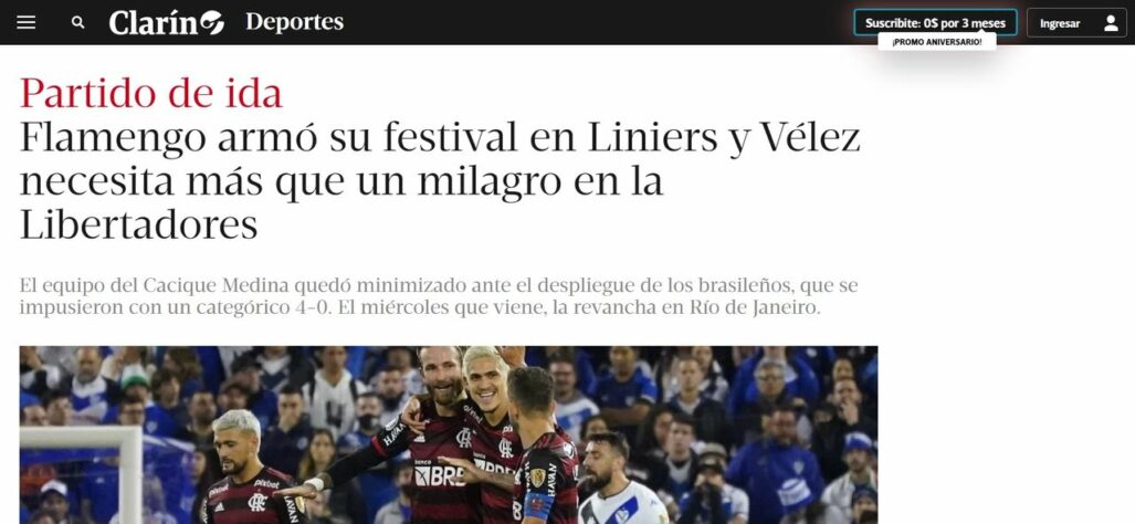 O site do Diário Clarín (ARG) destacou a grande diferença entre o futebol do Flamengo e o que foi apresentado pelo Vélez. O segundo gol do Fla, marcado por Everton Ribeiro, também recebeu atenção especial no mesmo texto: o Clarín ressaltou a qualidade técnica do lance e fez comparação com o jogo de "altinha", tradicional nas praias do Rio de Janeiro.