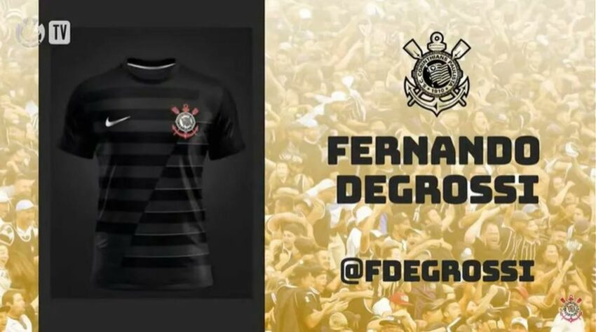 Modelo Fernando Degrossi - Quando você olha para o distintivo do Corinthians, você vê o flamulado, a bandeira, símbolo de vibração. Então, essas linhas horizontais remetem muito a arquibancada, lugar onde vocês estão. É também homenagem à camisa que a gente goleou um certo time de 6 a 1, que tem as linhas horizontais.