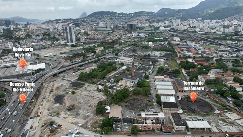Nesta imagem aberta, pode-se ver como o terreno do Gasômetro está cercado por vias importantes da cidade e é próximo à Rodoviária Novo Rio.