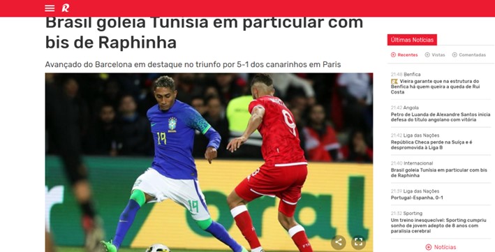 O Record (Portugal) destacou o doblete do Raphinha e a vitória repleta de gols contra a Tunísia.