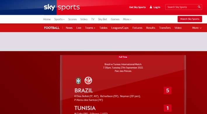 O Sky Sports (Inglaterra) apenas relatou os lances da partida e divulgou o extrato final daquilo que ocorreu em campo