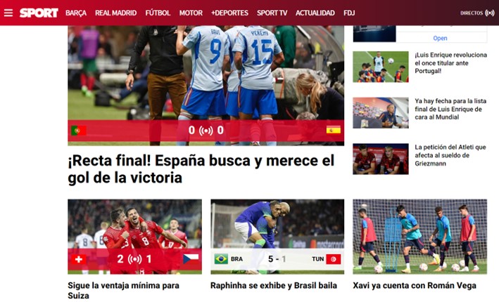 O jornal catalão Sport (Espanha) deu destaque para a atuação do Raphinha, que anotou dois gols na primeira etapa.