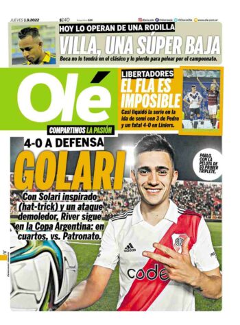 Já a versão impressa do Olé desta quinta-feira chamou o Flamengo de "impossível".