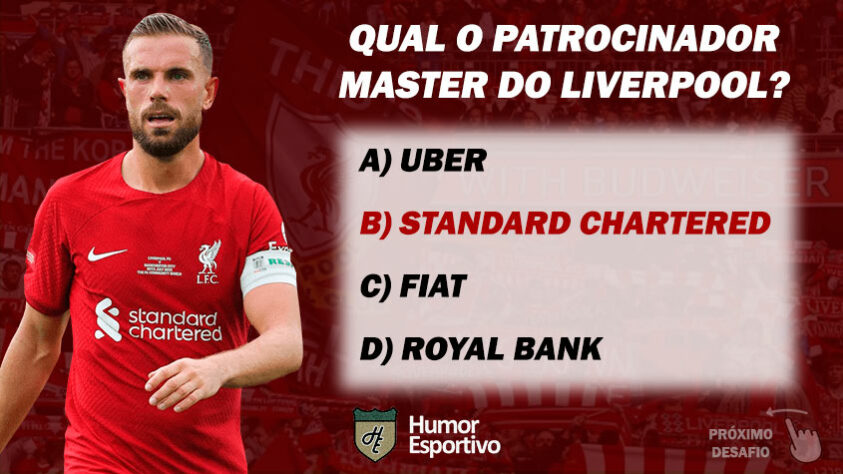 O banco britânico Standard Chartered renovou o patrocínio do Liverpool por mais quatro temporadas e seguirá no espaço mais nobre da camisa do clube até 2027.