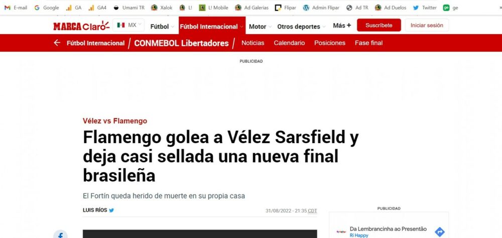 O espanhol Marca publicou um texto sobre a goleada do Flamengo. O texto destacou que o Fla deu espetáculo e encaminhou uma final brasileira, já que a outra semifinal tem Athletico-PR e Palmeiras.