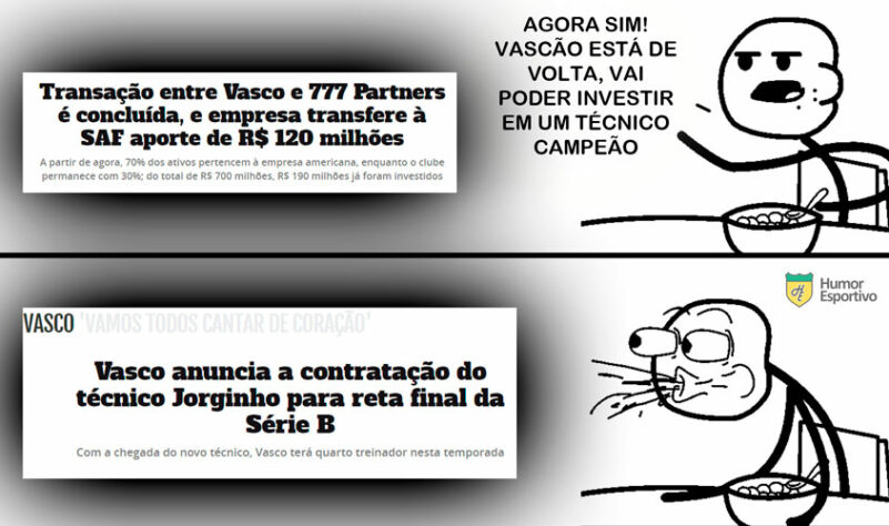 Na manhã desta terça-feira, o Vasco anunciou oficialmente a contratação do técnico Jorginho para comandar a equipe na reta final da Série B. O acerto, porém, parece não ter agradado parte dos torcedores do clube, que foram às redes sociais postar memes e expressar, em comentários, a angústia com o nome escolhido pela diretoria. Veja a seguir! (Por Humor Esportivo)