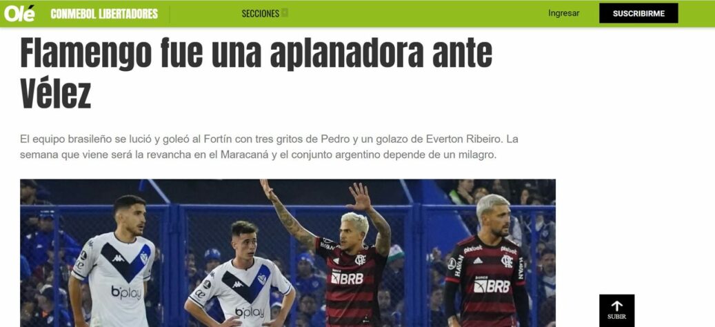 A goleada do Flamengo por 4 a 0 sobre o Vélez Sarsfield, na Argentina, foi destaque em grandes veículos em toda América do Sul e até mesmo no espanhol Marca. No geral, os textos "se derreteram" em elogios ao time do Fla. Veja aqui o que cada um deles escreveu. Nesta manchete do Olé, da Argentina, está escrito que o "Flamengo foi um rolo compressor contra o Vélez."