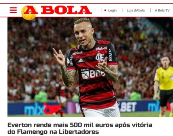 A Bola (Portugal) - "Everton rende mais 500 mil euros após vitória do Flamengo na Libertadores"