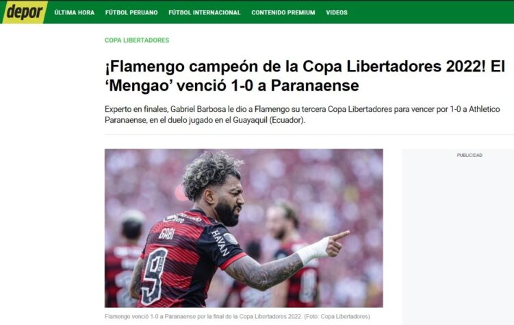 Depor (Peru) - "Flamengo campeão da Copa Libertadores 2022! O 'Mengão' venceu o Paranaense por 1 a 0"