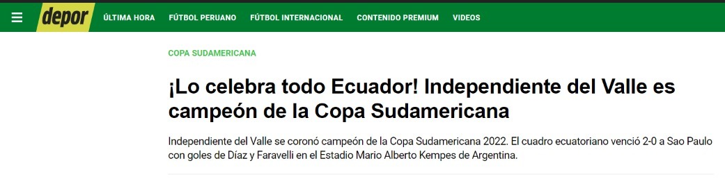 Depor (Peru) - 'Todo o Equador comemora! Independiente del Valle é campeão da Copa Sul-Americana'