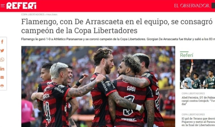 El Observador (Uruguai) - "Flamengo, com De Arrascaeta na equipe, se consagrou campeão da Copa Libertadores"