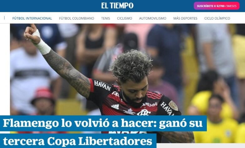 El Tiempo (Colômbia) - "O Flamengo fez de novo: conquistou sua terceira Copa Libertadores"