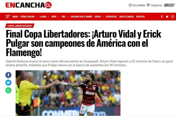 En Cancha (Chile) - "Final da Copa Libertadores: Arturo Vidal e Erick Pulgar são campeões da América com o Flamengo!"