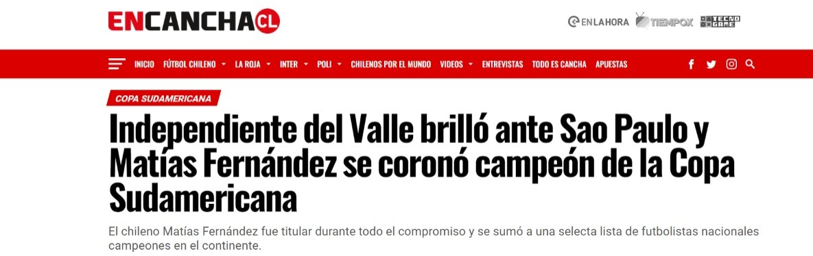 En Cancha (Chile) - 'O Independiente del Valle brilhou contra o São Paulo e Matías Fernández se sagrou campeão da Copa Sul-Americana. O chileno Matías Fernández foi titular durante toda a partida e integrou uma seleta lista de campeões nacionais de futebol no continente'