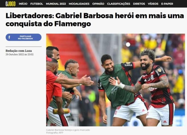 O Jogo (Portugal) - "Libertadores: Gabriel Barbosa herói em mais uma conquista do Flamengo"